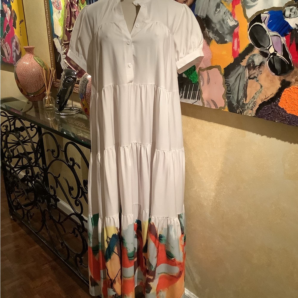 Four tiered maxi dress with colorful bottom tier.
